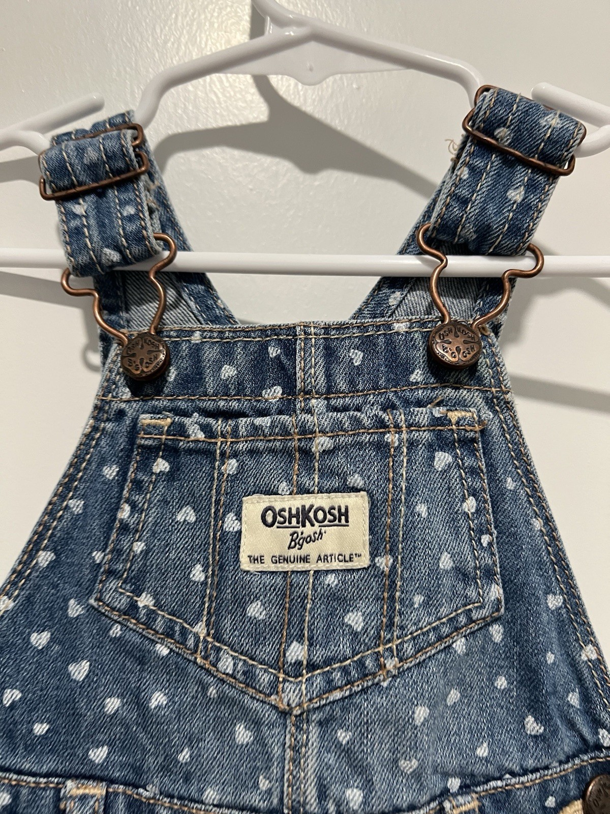 Oshkosh Overalls Denim Jean Blue with White Hearts Size 9 Months 100% Cotton