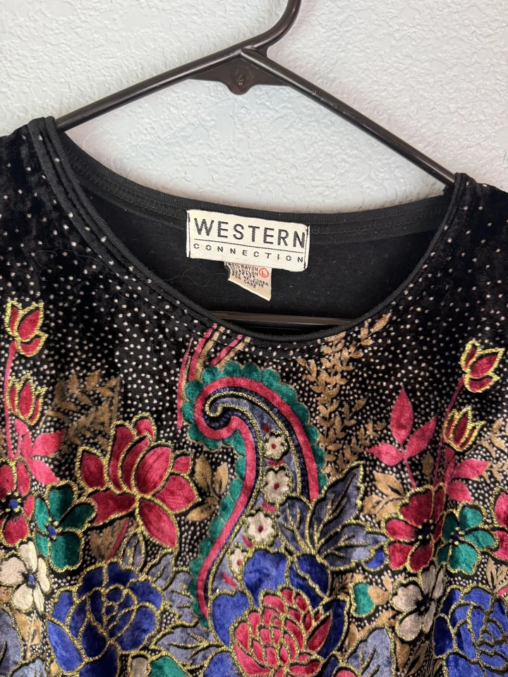 Suéter Vintage Western Connection Mujer Grande Floral Terciopelo Pullover Años 90 Corea Foto 3 de 4