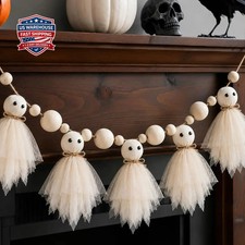 6.5Ft Halloween Ghost Garland with Wooden Beads, Handmade Cute Ghost Decor  Vin