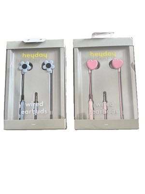 Set of 2 Heyday Wired Earbuds Blue Flower & Pink Hearts 3.5mm Jack w/ Mic New