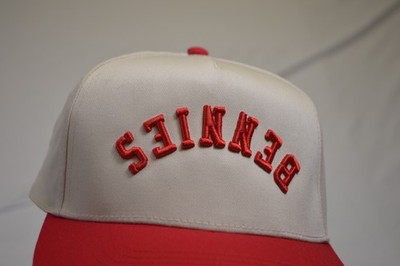 Bennies Trucker Hat, Cap Snapback  White Red Mirrored Letters Spellout