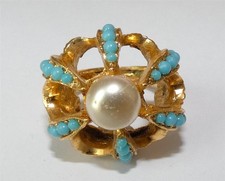 Vintage Faux Pearl & Turquiose Glass Ring Size J US Size 4.5  700