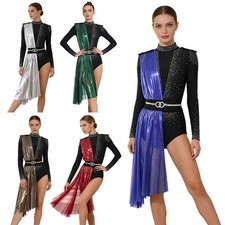 Women Lyrical Dance Leotard Dress Rhinestone Tassel Shoulder Gymnastics Jumpsuit