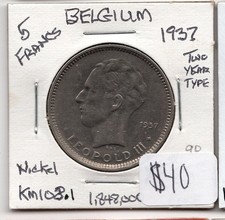 1937 5 Francs BELGIUM Nickel 2 Year Type World Coin KM108.1