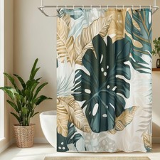 Image of EurCross Shower Curtain with Green Leaves, Water Resistant Fabric Shower Curt...