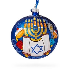 Menorah and Jewish Symbols Blown Glass Ball Ornament 4 Inches
