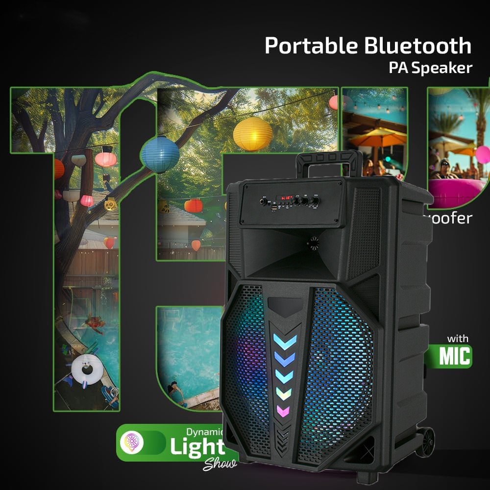 15" Portable Party Bluetooth Speaker w/ LED Party Lights, Wired Mic & Stand