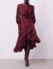 Zimmermann Washed Berry Silk Satin Midi Wrap Dress Long Sleeves Size AU 10 2 M