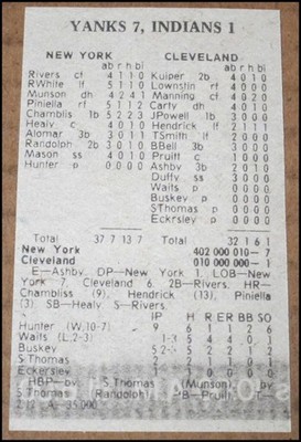 1976 New York Yankees vs Indians Box Score Clipping Catfish Hunter Lou Piniella
