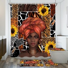 Black Girls Shower Curtain Bathroom Sets African Womens Elegant Sunflower Sex...