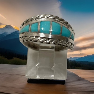 Vintage Zuni Sterling Silver Natural Turquoise Channel Inlay Ring Size 7