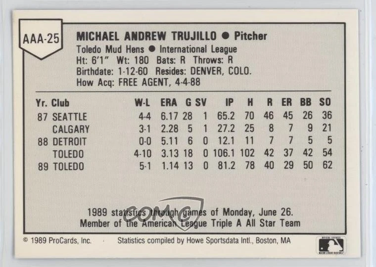 1989 ProCards Triple A All-Star Game Mike Trujillo #AAA-25 - Image 2 of 2