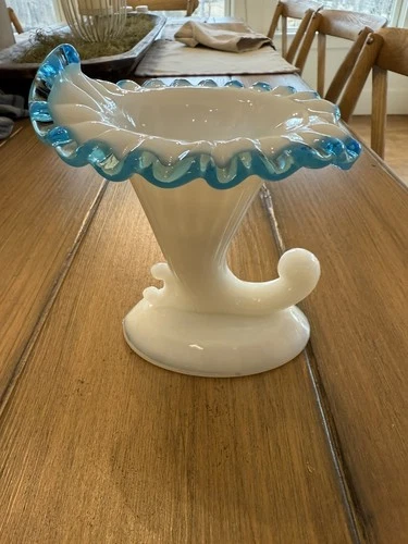 Vintage Fenton Aqua Crest Cornucopia Milk Glass Candle Holder Vase