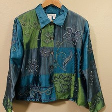 Coldwater Creek Embroidered Patchwork Silk Jacket Floral Blue Green Boho Size L