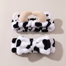2 Pack Cute Cow Print Spa Headband with Ears and Horns Plush Makeup Hair Accesso