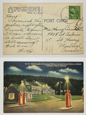 1940 PA Turnpike Midway Inn Esso Service Station Bedford Night Scene Postcard