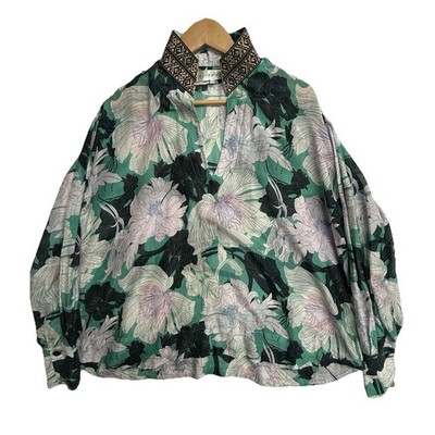 Isla & White Silk Blend Floral Blouse XS Oversized Green Boho Statement Collar