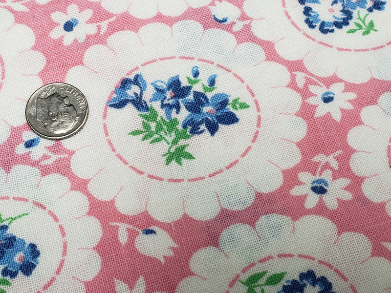 BEST Vintage Feedsack Flour Sack Fabric Blue Floral on PINK 1940s Remnant Quilt