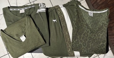 VS PINK Green Leopard  4pc Set - Sweats/Sweatshirt, Tshirt,  LS Tshirt L/XL RARE