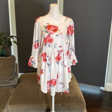 Women  s Floral Baby Doll Top Blouse Shirt 3/4 Length Sleeve Roses Size M NWT