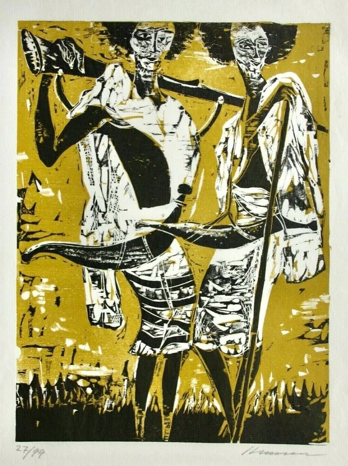 Karl-Heinz Hansen Bahia (1915-1978) Farbholzschnitt "Dankali-Krieger auf Gelb" - Bild 2 von 4