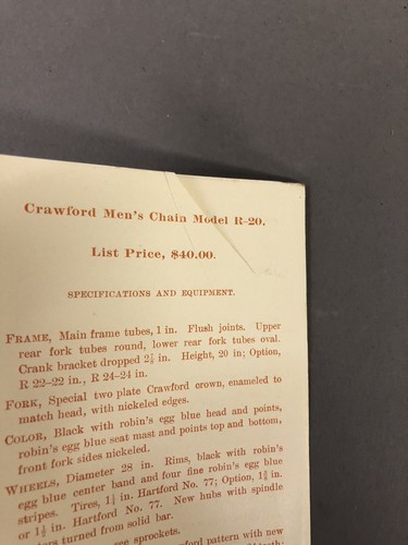1904 Crawford Bicycles Advance Sheet Of Prices And Specifications Pamphlet - Picture 3 of 9
