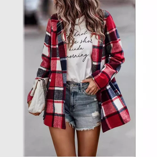 Women's loose checkered printed long sleeved cardigan- - Foto 5 di 24