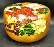 Vintage Japanese Gold Lacquerware Jewelry Box H5" Awesome Hand Painted c1980s