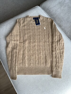 Polo Ralph Lauren Camel Wolle Kaschmir Zopfmuster Rundhals Pullover L Damen Large Neu 