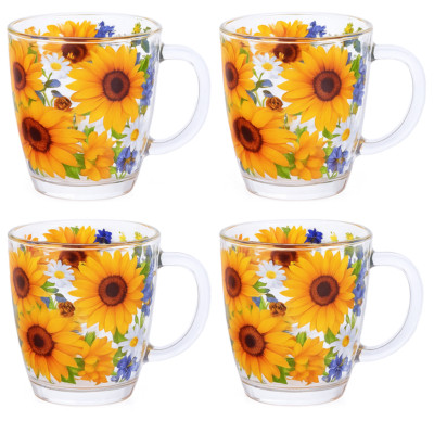 4-pc SUNFLOWER Glass Mug Set for Tea Coffee Cup Teacup 12 oz Mugs