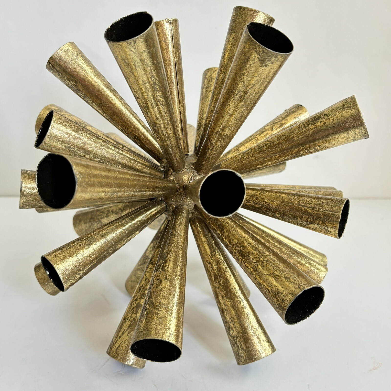 2 Metal Starburst Sputnik Style Tube Sculptures 10” And 8” Gold Tone Vintage