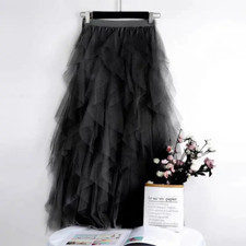 Ladies Tulle Mesh Skirt Elastic Waist Tutu Full Skirt Irregular Pleated Skirt