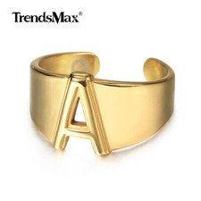 Gold Plated Stainless Steel Initial Letter A-M Statement Band Ring for US 6/7/8