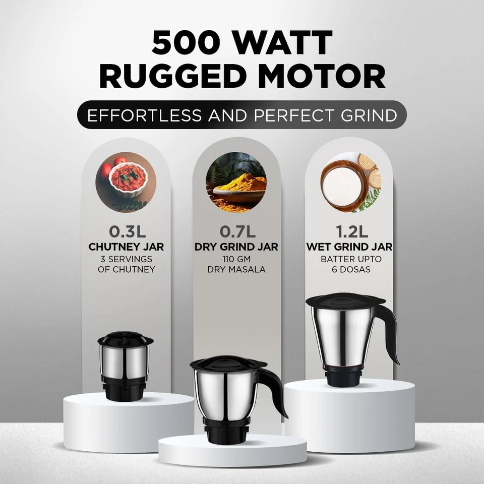 Molinillo mezclador Preethi Tiara para cocina 3 frascos 500 W Mixie Chutney molinillo seco Foto 2 de 4