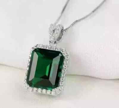 Natural Green Emerald 4.00Ct Emerald Cut Women's Halo Pendant White Gold Plated