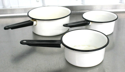 Vintage 3 pc Lot White and Black Enamel 7  & 5 1/2'' Sauce Pan Pot  RARE OLD