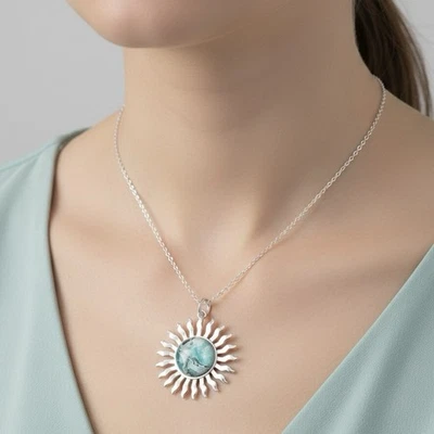 Halskette Kette Mit Anhänger Silber Türkis Edelstahl Sonne Damen Frau Geschenk - Bild 1 von 4