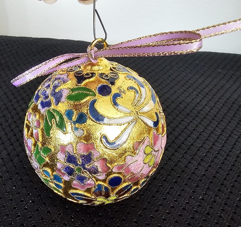 ​Vintage Cloisonne Enamel Christmas Ornament, Heavy  Metal Gold Gilt Floral Ball