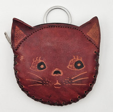 Cat Leather Wallet Or Coin Purse Zip Closure With Key Ring And Strap