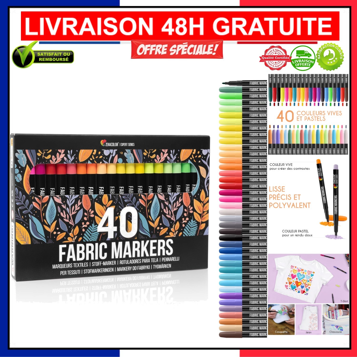 Feutres Textiles Zenacolor avec 40 Couleurs Résistantes au Lavage