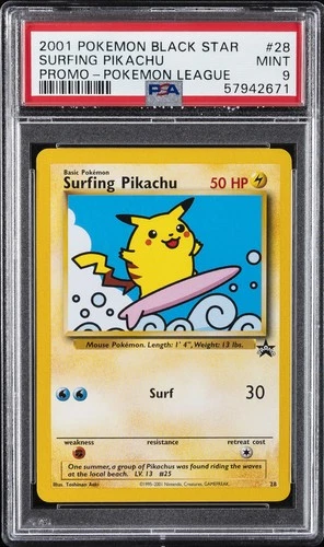 2001 POKEMON PROMO BLACK STAR POKEMON LEAGUE #28 SURFING PIKACHU PSA 9