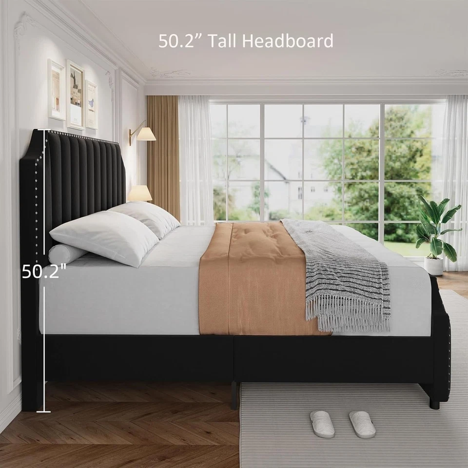 Marco de cama de terciopelo tamaño king, cabecero alto acolchado canal vertical de 50,2" negro Foto 4 de 4