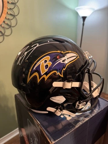 Ray Lewis Signed Riddell Speed Replica Helmet Ravens White Ink Beckett BAS Auto