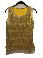 Gold Sequin Fringe Flapper Tank S/M – 1920s Gatsby Halloween Costume ✨