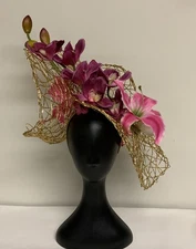 Ascot Fascinator Kentucky Derby Large Pink Flowers, Gold Mesh, Headband