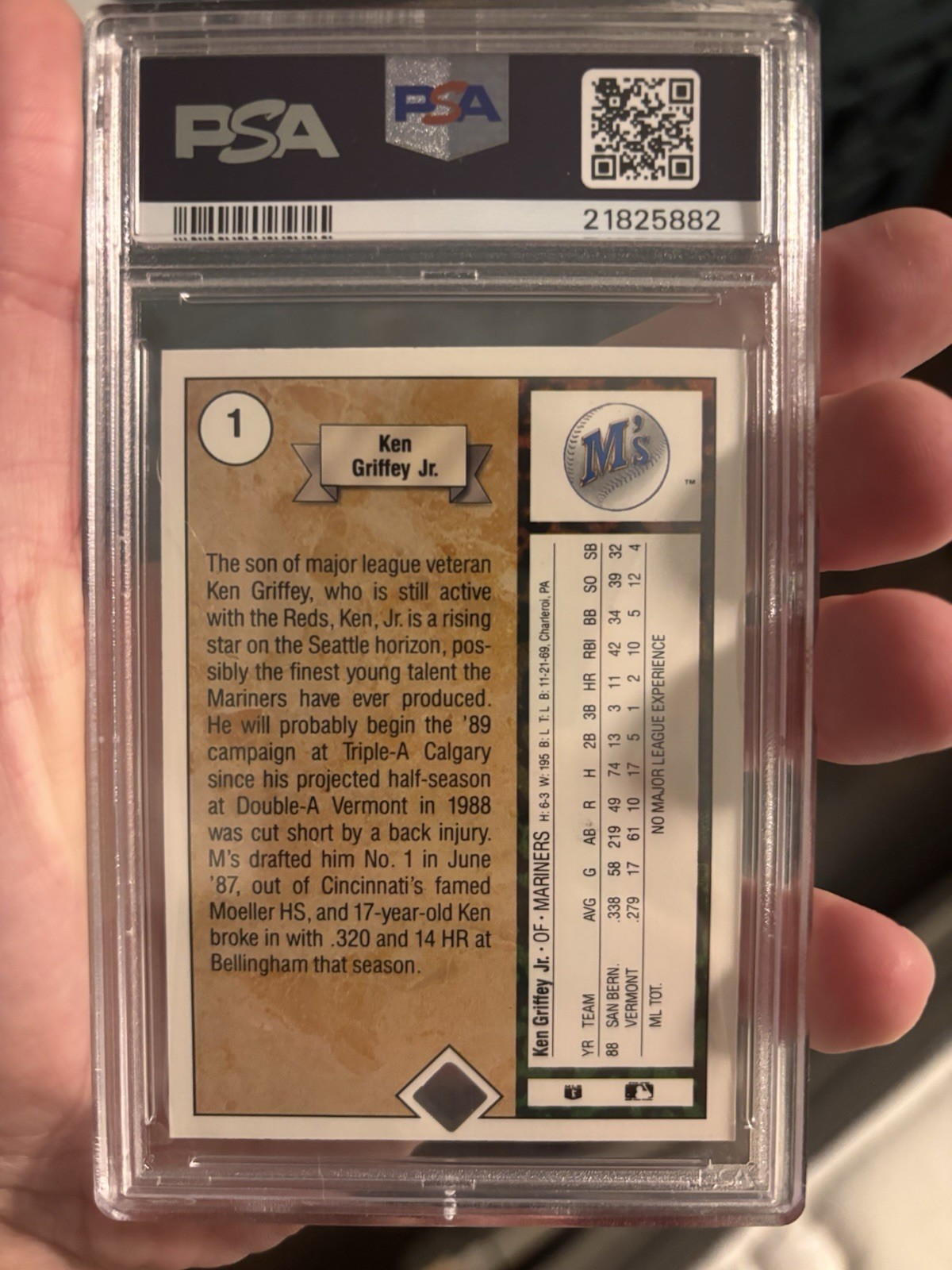 1989 Upper Deck #1 Ken Griffey Jr. Rookie PSA 10 GEM MINT Baseball Card view 2