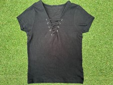 LADIES BLACK  STRETCHY RIBBED TEE SHIRT TOP WITH LACE UP NECK DETAIL ~ SMALL