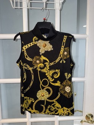 Womens Baroque Chains Print Top Blouse L Black Gold High Neck Pull On Sleeveless