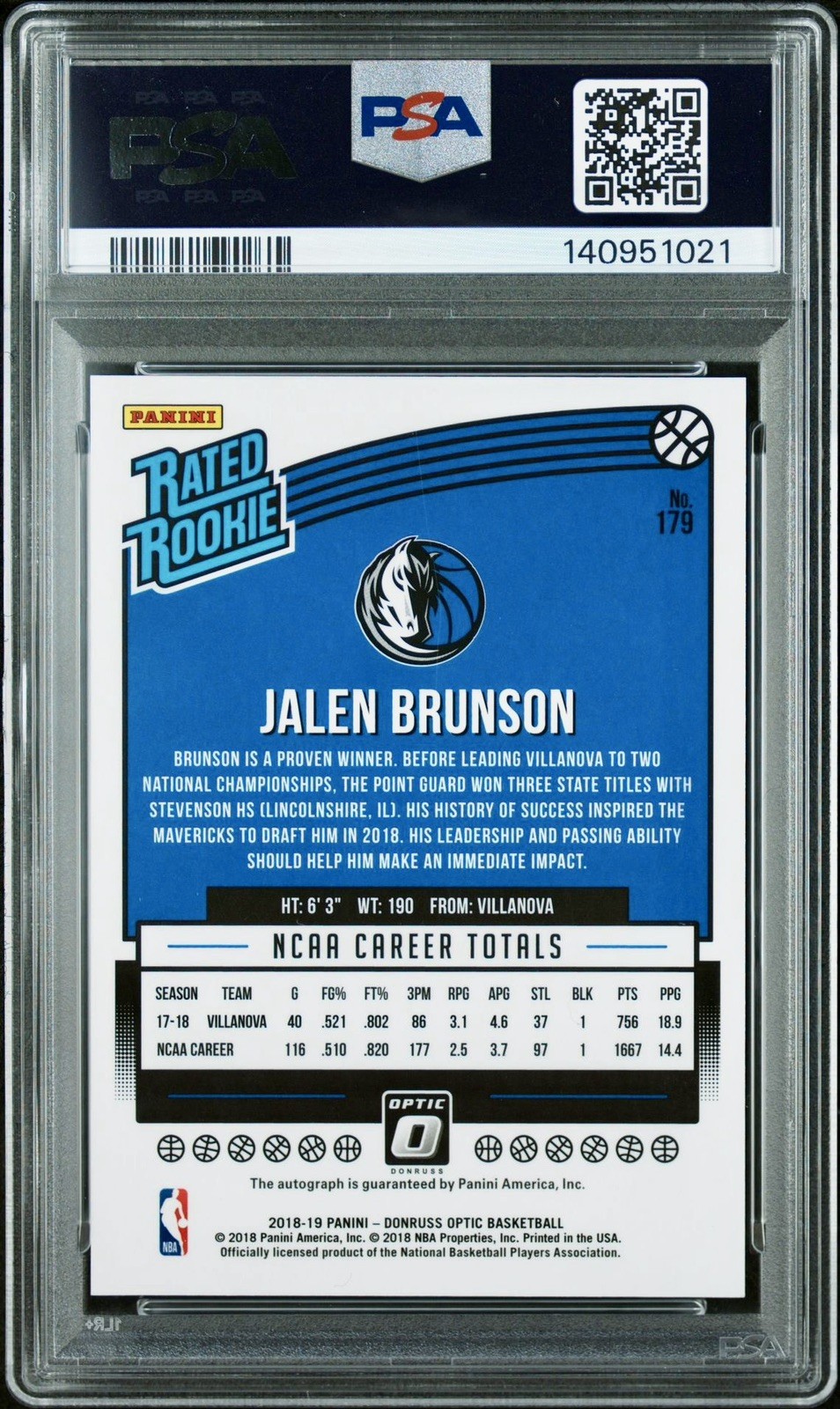 Jalen Brunson 2018 Panini Donruss Optic #179 Auto PSA 9 ROOKIE Knicks NBA Finals view 2