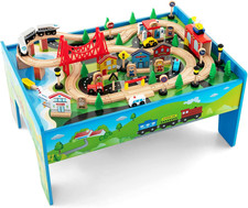 Train Table, 80 Pieces Wooden Kids Activity Toy Table Playset with Reversible De